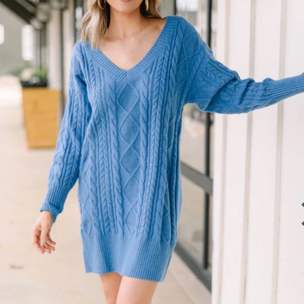 Et Clet NWOT Blue Cable Knit Sweater Dress Medium Long Sleeves  Soft‎ Stretchy